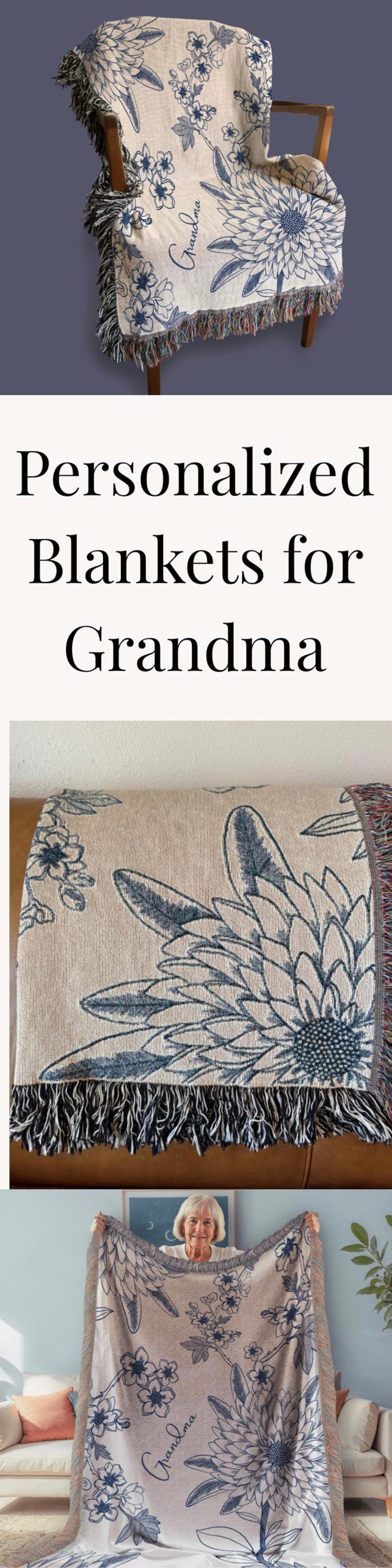 Puede incluir: Una manta de tejido personalizada con un dise&ntilde;o floral y la palabra "Abuela" en cursiva. La manta es beige con detalles florales azules y tiene flecos en los bordes.
