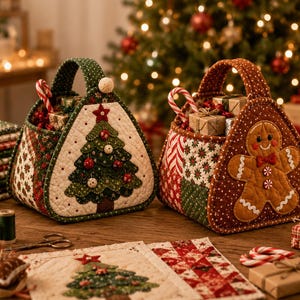 May include: Two triangular fabric baskets with quilted textures. One basket features a green Christmas tree appliqué, while the other displays a brown gingerbread person. Both baskets are filled with small wrapped gifts and candy canes.