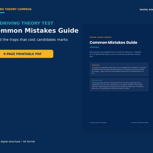 Peut inclure: Un guide PDF imprimable de 9 pages intitulé UK Driving Theory Test Common Mistakes Guide. Le document présente un fond bleu foncé avec du texte blanc et jaune, détaillant les sujets officiels DVSA pour aider à éviter les erreurs.