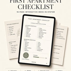 May include: A digital 16-page interactive first apartment checklist by Elaro Digital displayed on a tablet screen, featuring room-by-room move-in systems, kitchen and bedroom essentials, progress tracking, and fillable fields for budget and notes.