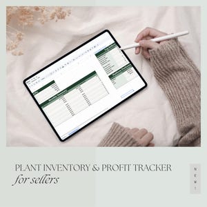 May include: A digital tablet displaying a spreadsheet with data analysis, including "KPIs", "Monthly Summary", and "Platform Performance". The text "PLANT INVENTORY & PROFIT TRACKER for sellers" is at the bottom. A stylus is touching the screen.