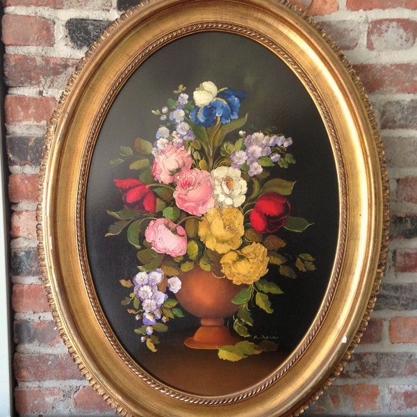 Vintage Oil Painting, Floral Still Life, Signed R. Rosini, Oil on Board, Oval Framed Oil Painting, Flower Painting, Rose Painting, Bouquet