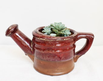 Peut inclure: Un pot de fleurs en céramique de couleur terre cuite avec un glaçage brun. Le pot est rempli d'une petite plante succulente.