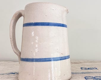 Banded Stoneware Pitcher with Blue Band,  8” Salt Glazed Pitcher, Heavy Stoneware, Farmhouse Pitcher, Antique Handmade Pitcher