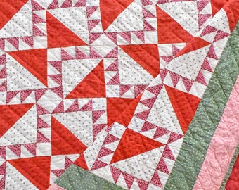 Antique Quilt, Antique Irish Puzzle Quilt, Red and White, Early Kansas Troubles with 1800s Fabrics, Handstitched Quilt, 79" x 78"