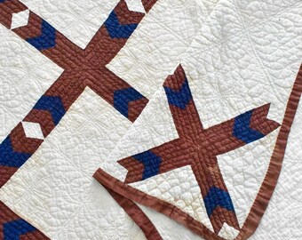 Vintage Square Cross Quilt, Brown, Blue, and White Quilt, Gorgeous and Extensive Hand Quilting, Handmade Vintage Quilt, 82" x 60"