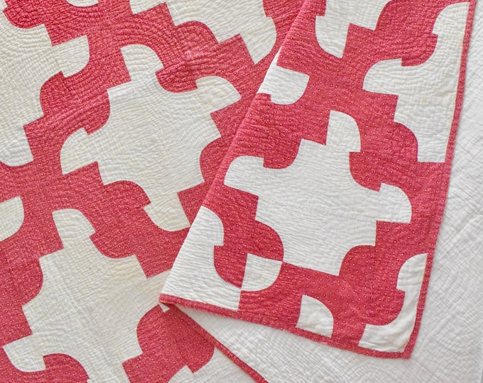 Antique Quilt, Cinnamon Pink and Warm White Drunkard's Path Handmade