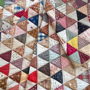 Antique Triangles Quilt, 1800s Fabrics Charm Quilt, Thousand Pyramids Pattern, Tiny Triangles Quilt, Dog Conversation Prints, 84" x 79"