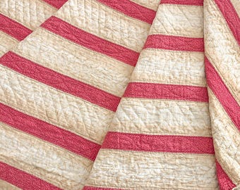 Antieke quilt, amishrepen in kaneelroze en bruin, amishrepen, vintage quilt 80 x 66 inch, handgestikte quilt