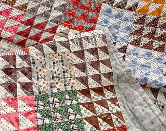 Antieke quilt, quilt met vogels in de lucht-patroon jaren 1880, dubbelroze, meekrapbruin, chroomgele driehoeken quilt, handgestikt, 80 x 78 inch quilt