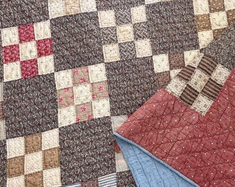 Antieke quilt, jaren 1880 quilt met negen vlakken sterren, antieke quilt uit de jaren 1800, rood, meekrapbruin, geelbruin, zwart handgestikt 75 x 75 inch, gespreksafdrukken