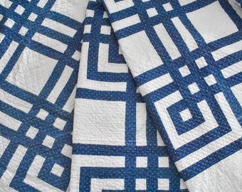 Antique Quilt, Indigo Blue and White Carpenter's Square Quilt, Vintage Blue and White Quilt, Indigo Blue Quilt, Hand Stitched 85" x 84"