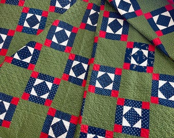 Antieke quilt, vierkant in een vierkant, indigo, rood en groen calico, quilt eind jaren 1800, handgestikte antieke quilt, 84 x 72 inch
