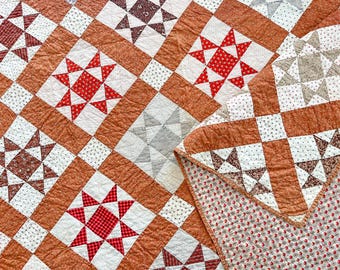 Antieke quilt, bruin Calico Ohio Star-quilt, jaren 1800 Shoofly-quilt, rood, paars, blauw, handgestikt 80 x 68 inch