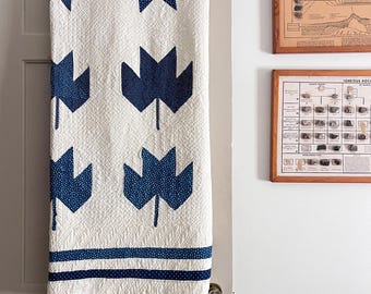 Antique Quilt, Vintage Maple Leaf Quilt, Indigo Blue and White Handmade Quilt, Hand Stitched, Great Condition, Hand Quilted 78" x 64"