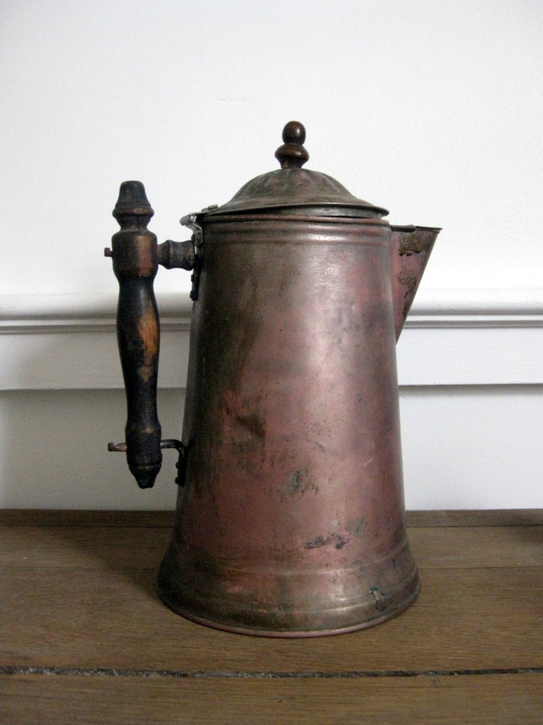 Antique Copper Coffee Pot Tea Kettle Wood Handle and Hinged Etsy