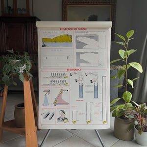 May include: A vintage educational poster on a metal easel. The poster features diagrams and text about the reflection of sound and resonance. The illustrations include a landscape, diagrams, and figures. The poster is white with red and black text.