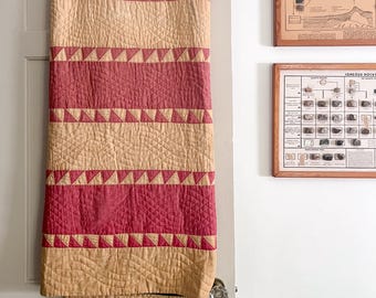 Antique Quilt, Sawtooth Bars in Red and Tan, Amish Bars, Vintage Quilt 75" x 75", Handstitched Quilt
