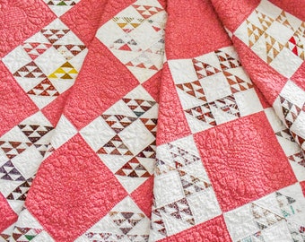 Antique Quilt, Double Pyramid Pattern Quilt, Vintage Quilt, Madder, Indigo, Double Pink, Yellow, Brown Triangles Quilt, Handmade 82" x 72"