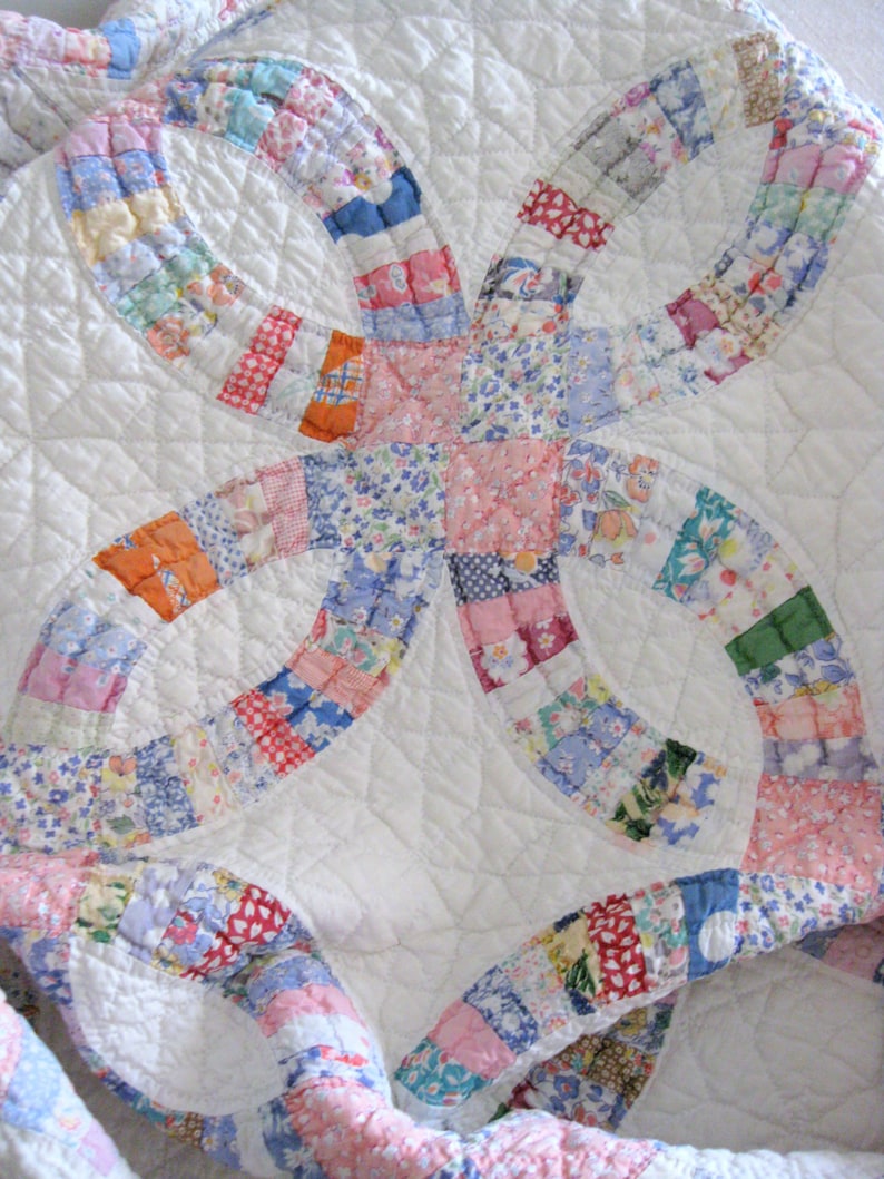 Antique Quilt Double Wedding Ring Quilt Hand Made Multi Etsy