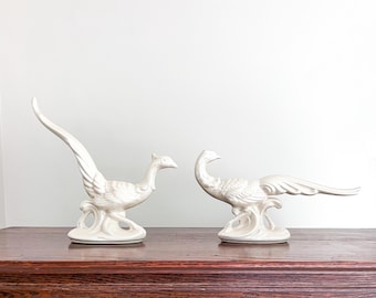 Vintage Lusterware-vogels, fazantenpaar, parelmoerwit, vogelbeeldjes, vogelstandbeelden uit het midden van de eeuw, vogelstandbeelden