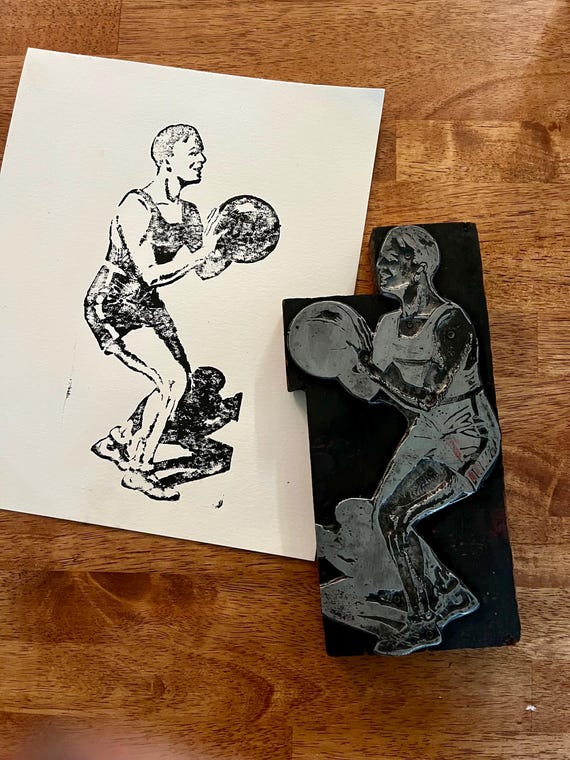 Antique Printing Block, 8" Basketball Player Letterpress Block, Vintage Basketball, Large Size Antique Letterpress Block