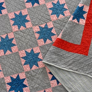 Antique Lemoyne Star Quilt, Vintage Eight-Pointed Star Quilt, Indigo Blue, Red, Gray Star Quilt, Handmade Quilt, 80 x 60, Handstitched Quilt