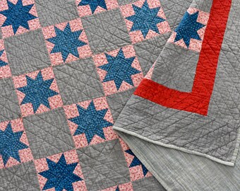 Antique Lemoyne Star Quilt, Vintage Eight-Pointed Star Quilt, Indigo Blue, Red, Gray Star Quilt, Handmade Quilt, 80 x 60, Handstitched Quilt