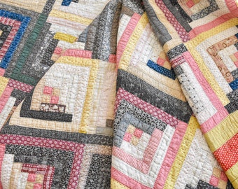 Gorgeous Antique Log Cabin Quilt with 1800s Fabrics, Indigo, Double Pinks, Chrome Yellow Log Cabin Quilt, Handstitched Quilt, 80" x 80"