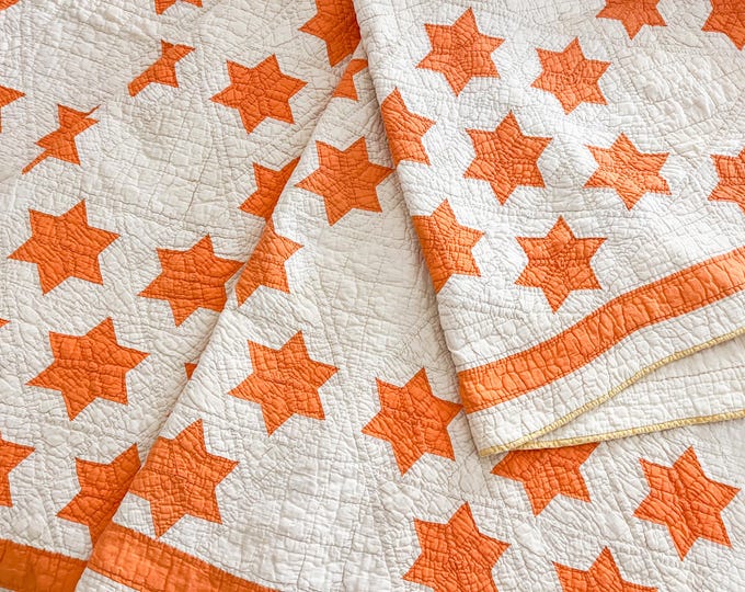 Antique Quilt, Orange Seven Sisters Star Quilt, Vintage Orange Eight ...