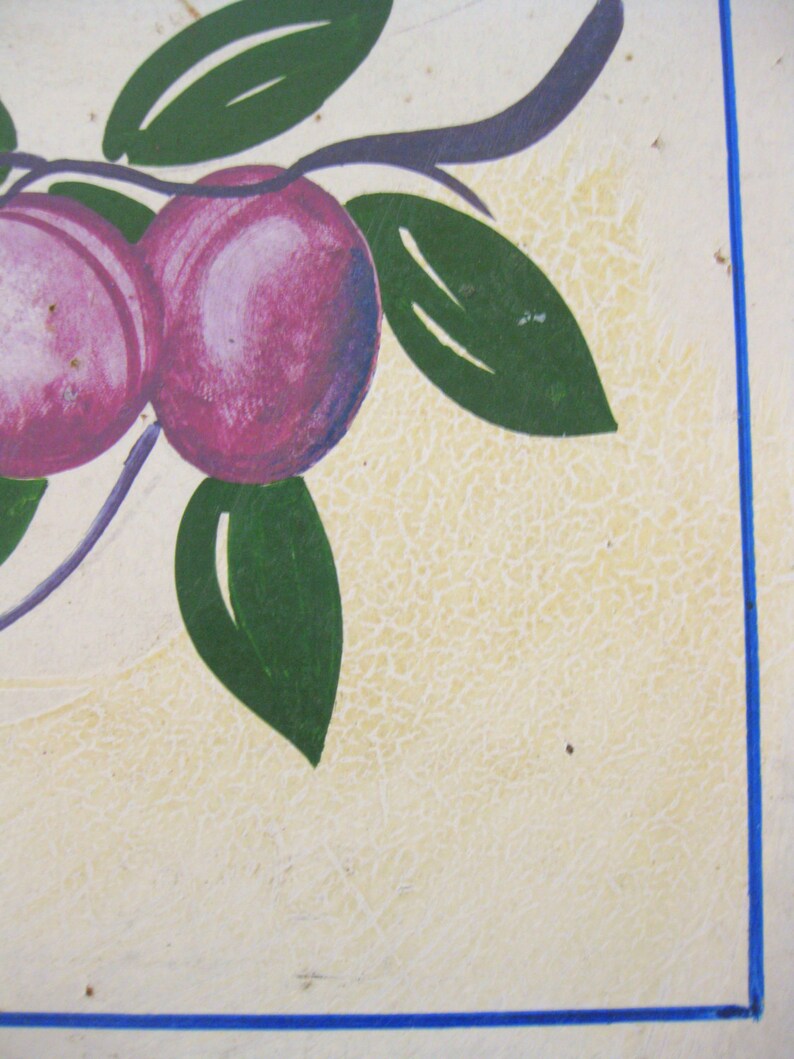 May include: Close-up of a painted design featuring two purple plums with green leaves on a cream-colored background. The design is framed by a blue border, creating a vintage aesthetic.