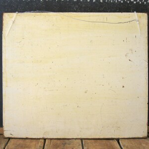 May include: A rectangular, off-white painted wooden board with a wire for hanging. The board has a distressed, aged appearance with visible imperfections and a slightly textured surface. The edges are framed with a dark brown border.
