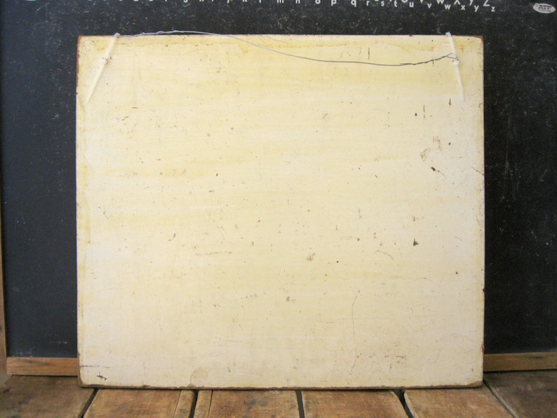 May include: A rectangular, off-white painted wooden board with a wire for hanging. The board has a distressed, aged appearance with visible imperfections and a slightly textured surface. The edges are framed with a dark brown border.