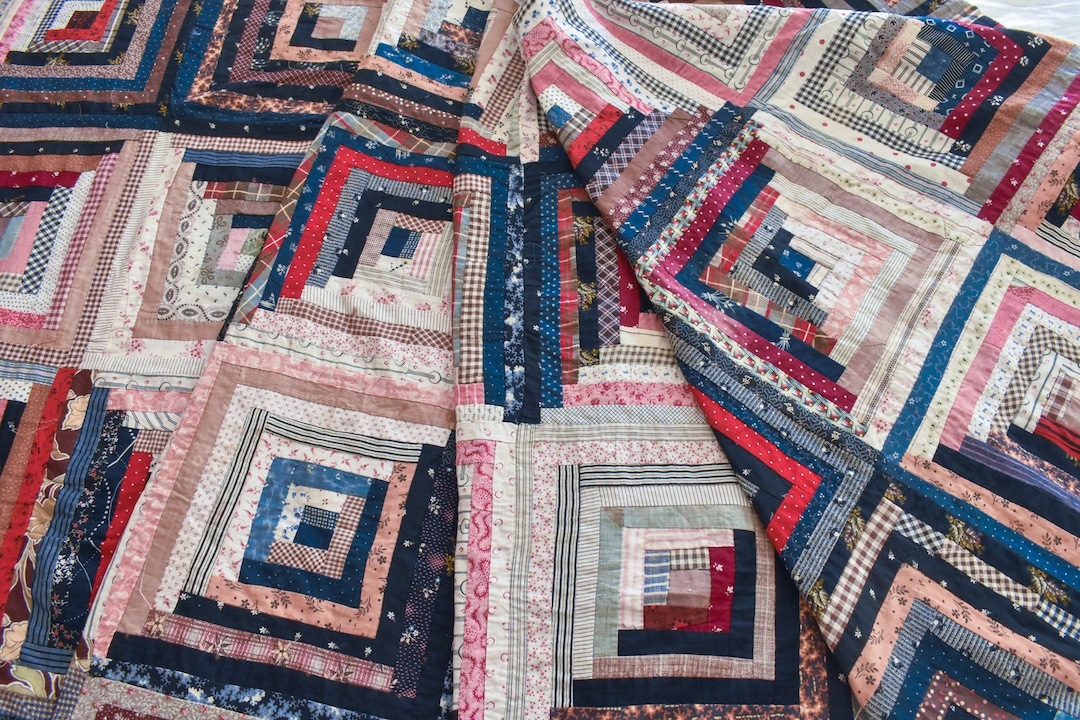 Antique Log Cabin Quilt With 1800s Civil War Fabrics, Indigo