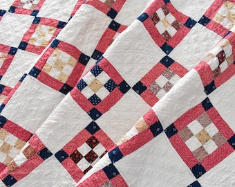 Antique Quilt, Indigo Blue, Pink, White Double Nine Patch Quilt, Indigo and Double Pinks, Handstitched Quilt, Gorgeous Quilting, 72" x 68"
