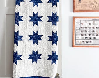 Antique Quilt, Indigo Blues and White Ohio Star Quilt, Vintage Blue and White Quilt, Hand Quilting, Handstitched 78" x 64"
