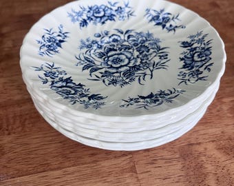 Vintage Ironstone 6” Saucers, Set of 7 Blue and White Floral Plate, Beacon Hill Pattern by British Anchor Staffordshire England