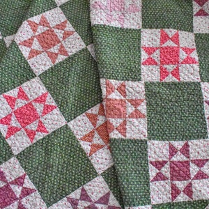 Antique Quilt, Green Calico Ohio Star Quilt, 1800s Shoofly Quilt, Double Pinks, Madder Browns, Purples, Handstitched 80&quot; x 62&quot;