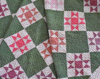 Antique Quilt, Green Calico Ohio Star Quilt, 1800s Shoofly Quilt, Double Pinks, Madder Browns, Purples, Handstitched 80" x 62"