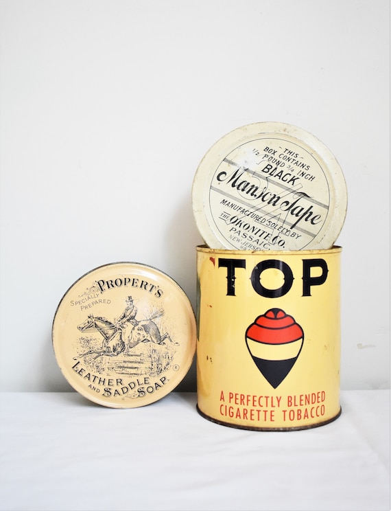 Set of Vintage Tins in Neutral Colors, Top Tobacco Tin, Propert's Leather  and Saddle Soap, Mason Friction Tape, Vintage Tins in Tans