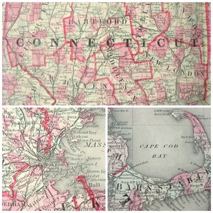 Puede incluir: Un mapa antiguo de la regi&oacute;n de Nueva Inglaterra, que incluye Connecticut, Massachusetts y Cabo Cod. El mapa est&aacute; impreso en blanco y negro con resaltados en rosa para las fronteras estatales y las l&iacute;neas de condado. El mapa incluye nombres de ciudades y pueblos, r&iacute;os y otras caracter&iacute;sticas geogr&aacute;ficas.