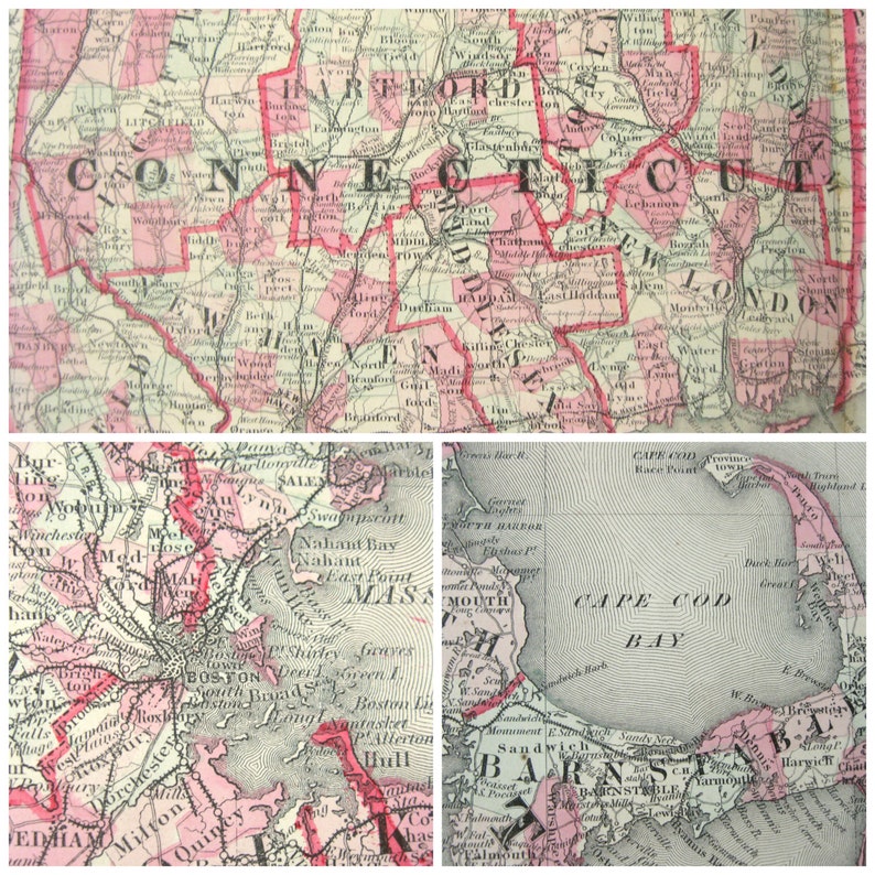 Puede incluir: Un mapa antiguo de la regi&oacute;n de Nueva Inglaterra, que incluye Connecticut, Massachusetts y Cabo Cod. El mapa est&aacute; impreso en blanco y negro con resaltados en rosa para las fronteras estatales y las l&iacute;neas de condado. El mapa incluye nombres de ciudades y pueblos, r&iacute;os y otras caracter&iacute;sticas geogr&aacute;ficas.