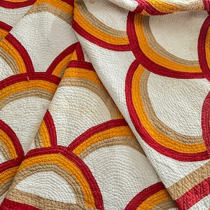 Antieke quilt, kalkoenrood, cheddar, bruin en wit quilt met regenboogboog, rood, oranje, lichtbruine quilt, quilt met zeldzame patronen, handgestikt, 76 x 72