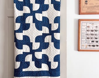 Antique Quilt, Indigo Blue and White Drunkard's Path Handmade Quilt, Vintage Quilt, Blue and White Quilt, Wonderful Condition, 78" by 78"