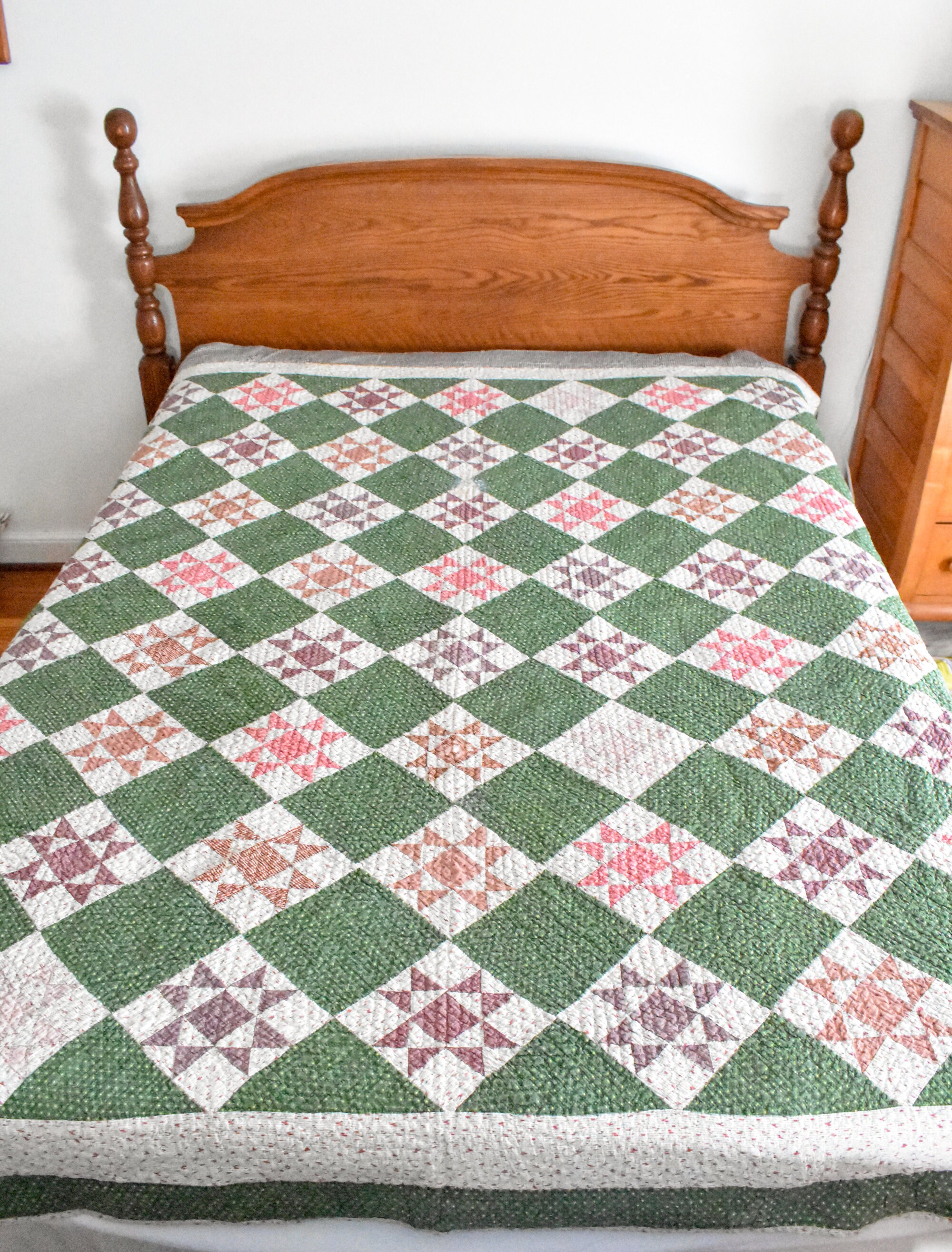 Antique Quilt, Green Calico Ohio Star Quilt, 1800s Shoofly
