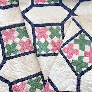 Antike Quilt, Kreuze Quilt mit Garten Labyrinth Schärpe, Indigo Blau, Doppel Rosa, Grün Kattun Quilt, Vintage Quilt, 86 "x 78"