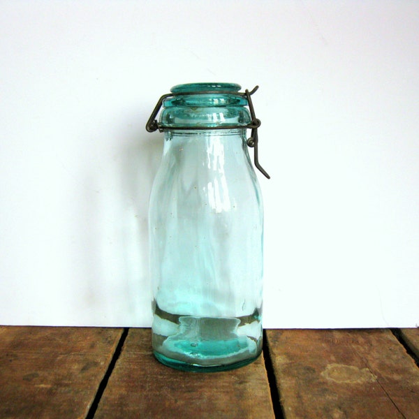 La Lorraine Fruit Jar, French Canning Jar, 1 Litre Blue Glass Canning Jar with Thistle Logo from France