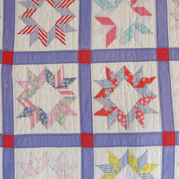 Antique Quilt, Colorful Star Quilt with Purple Grid, Hand Made Vintage Quilt, 12 Pointed Star Quilt