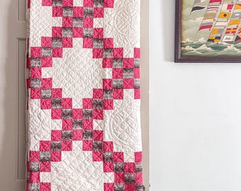 Antique Quilt, Pink and Brown Triple Irish Chain Quilt, Handstitched Quilt, Vintage Pink, Tan Quilt, 89" x 78"
