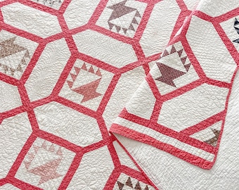 Antieke quilt, kenmerkende mandquilt uit 1889, tuindoolhof handgestikte quilt 86 x 68 inch, dicht gewatteerd, vintage quilt